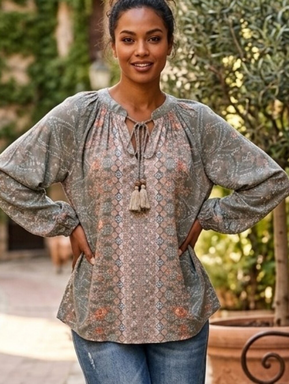 Bohemian Gray,Green,Orange Tassel Tie Blouse